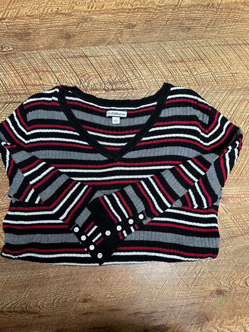 croft & barrow Black, Gray, Red & White Striped V‑Neck Sweater